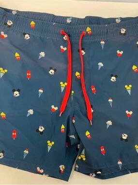 Disney Blue Swim Trunks with Red Drawstring and Character Ice Cream Print